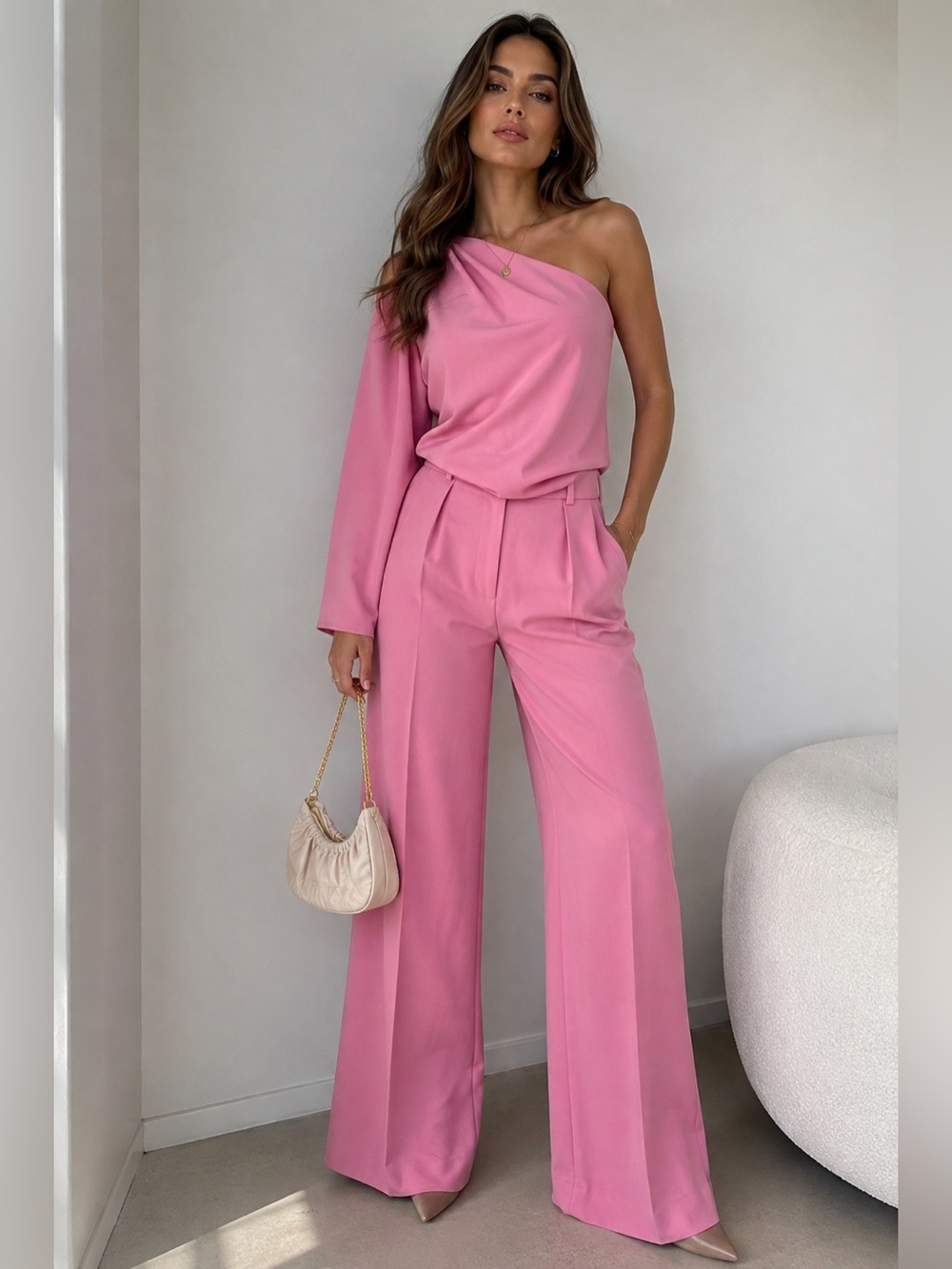 Zara Pink Asymmetric One-Shoulder Top & Tailored Pants Set – M/S